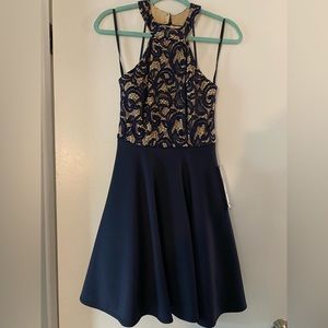 Unworn Junior Navy Blue Dress with Patterns on Bodice